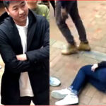 事发现场。左为刘姓学生，右图为受冲撞倒地的香港女留学生。　