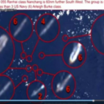 摄于2021年4月16日的一张南海卫星照。其中，1为“辽宁号”，2为“黄岗号”，3为“呼伦湖号”，4为“成都号”和“太原号”，6则是3艘美军伯克级逐驱舰。（视频截图）