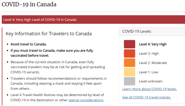 美国警告不要前往加拿大