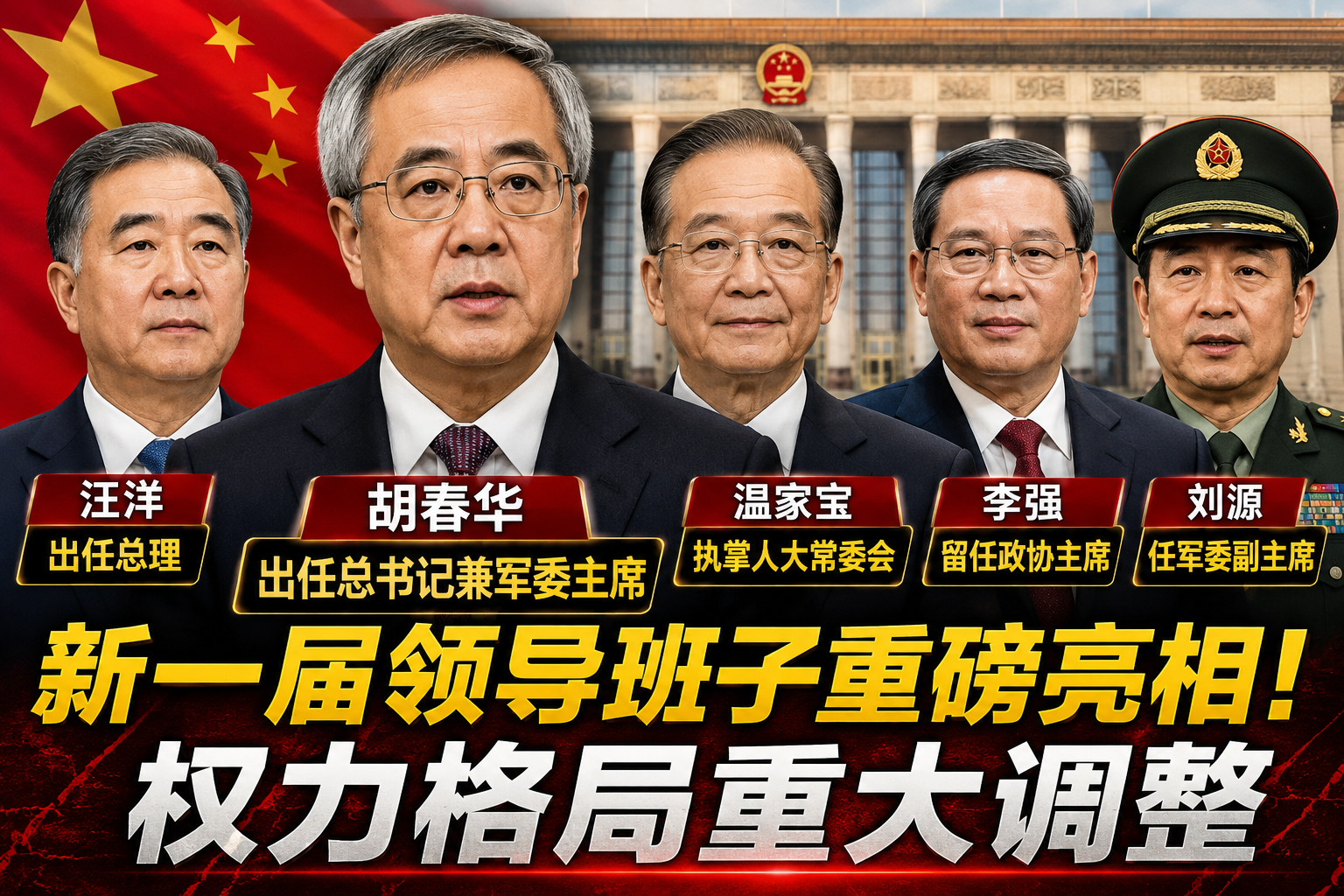 胡春华总书记兼军委主席，汪洋总理，温家宝人大委员长，李强政协主席， 刘源任军委副主席，范长龙总顾问