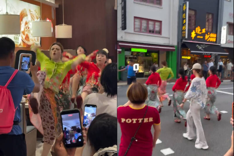 中国舞团穿著娘惹服在新加坡餐厅大跳,引发外界炮轰。(本报合成,撷取自Threads) 突“撩裙踢腿”大跳!中国女子大闹新加坡街头进行快闪热舞